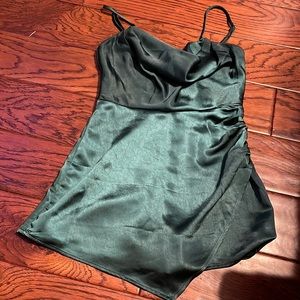 Radiant Luxe Emerald Green Satin Cowl Neck Skort Romper